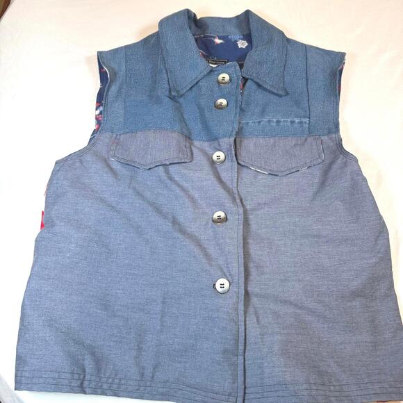 Vintage Denim Vest plaid lined DIY Upcycled Homemade embroidered‎ womens sz XL - Picture 2 of 9